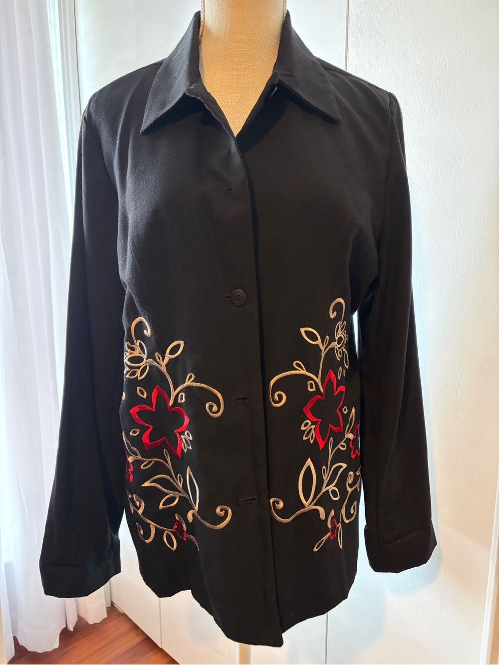 Sag Harbor Black Top with Red & Cream Floral Embroidery Accents